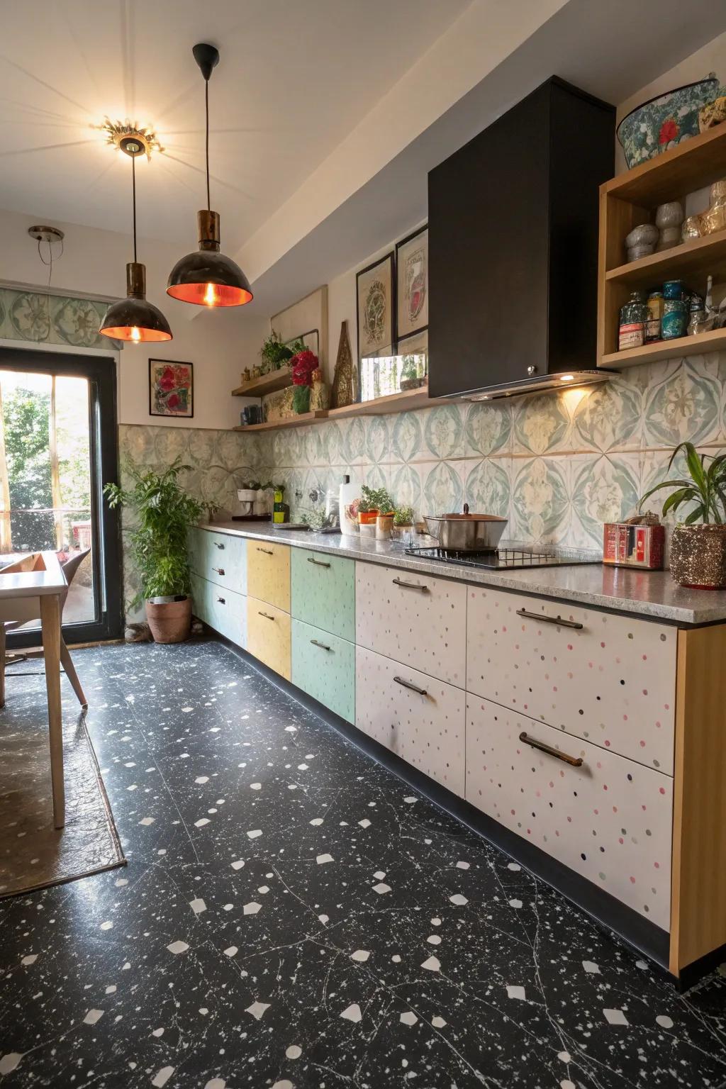 A kitchen featuring dark terrazzo floor tiles proffering a whimsical, sophisticated variant.