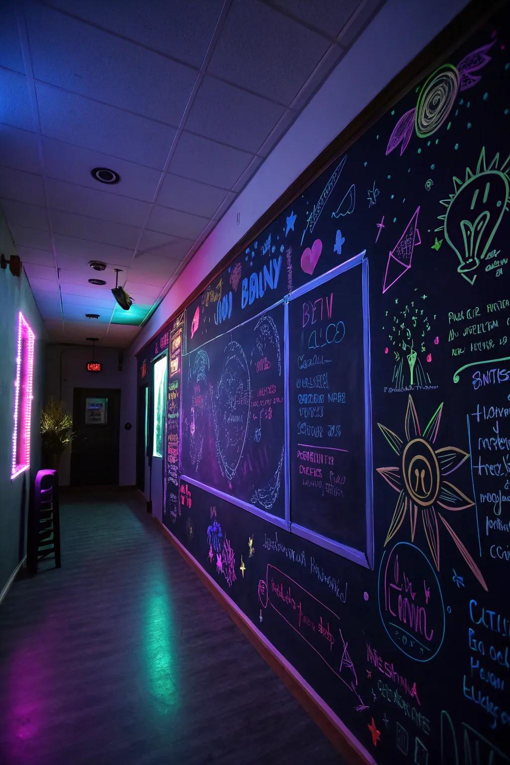 Illuminated chalkboard walls offer interactive, glowing fun.