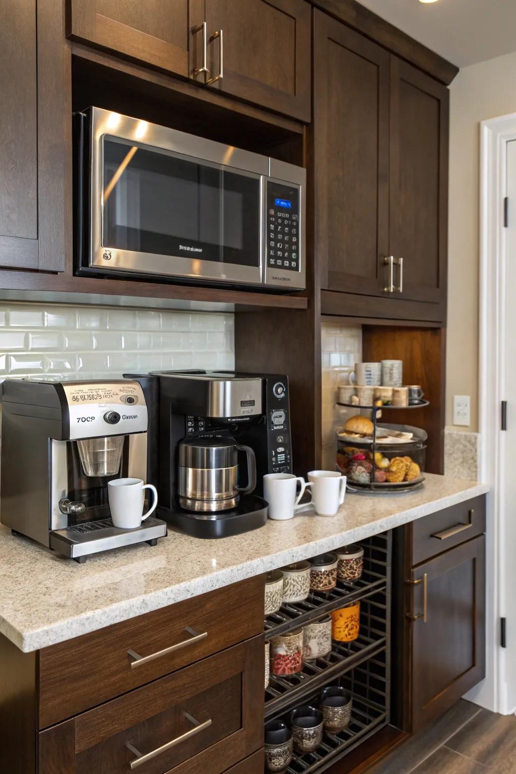 Chic culinary design featuring a microwave positioned over a coffee station.
