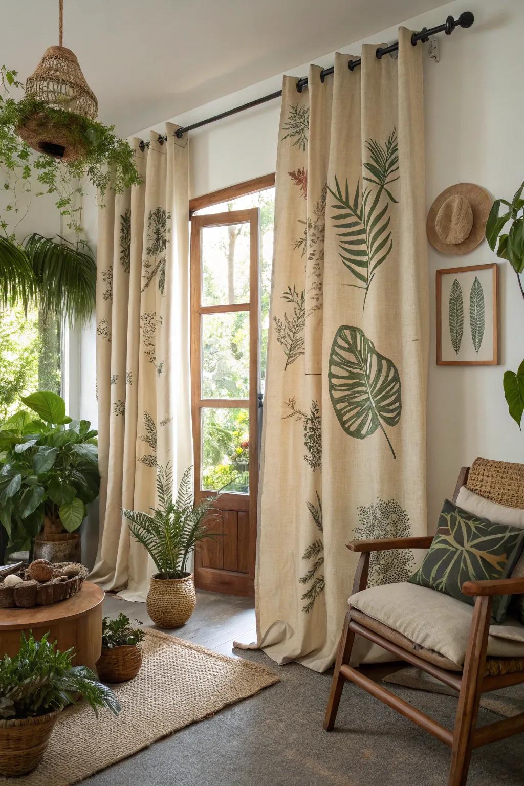 Nature-inspired elegance with plant-print burlap drapes.