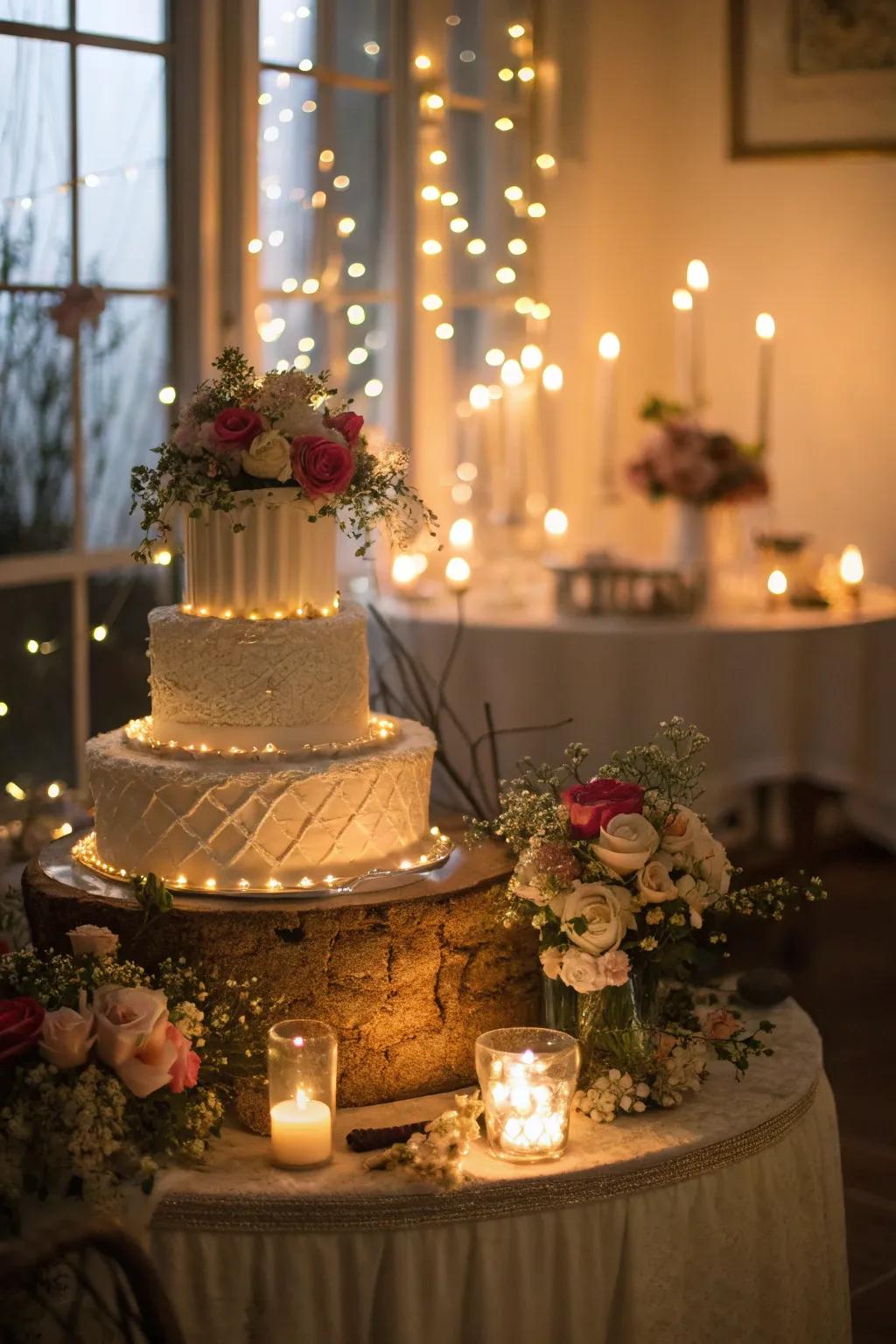 A cake display highlighted by gentle lighting, erecting a snug and welcoming ambiance.