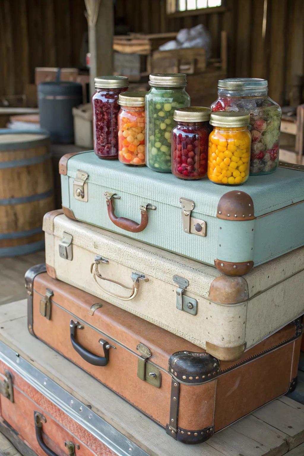 Employ vintage valises for charming and unexpected jar storage.