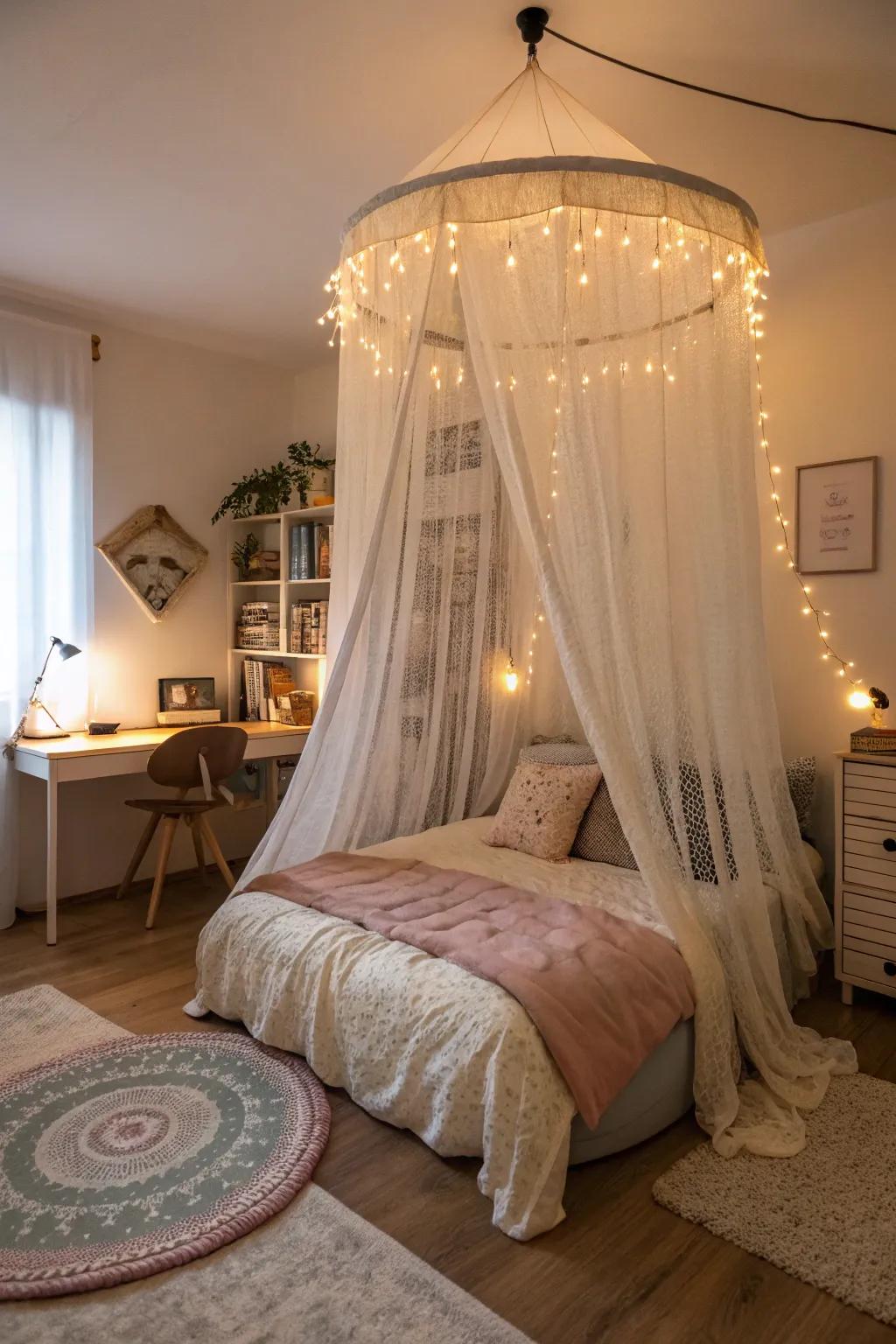 A circular four-poster introduces sophistication and a unique impression.
