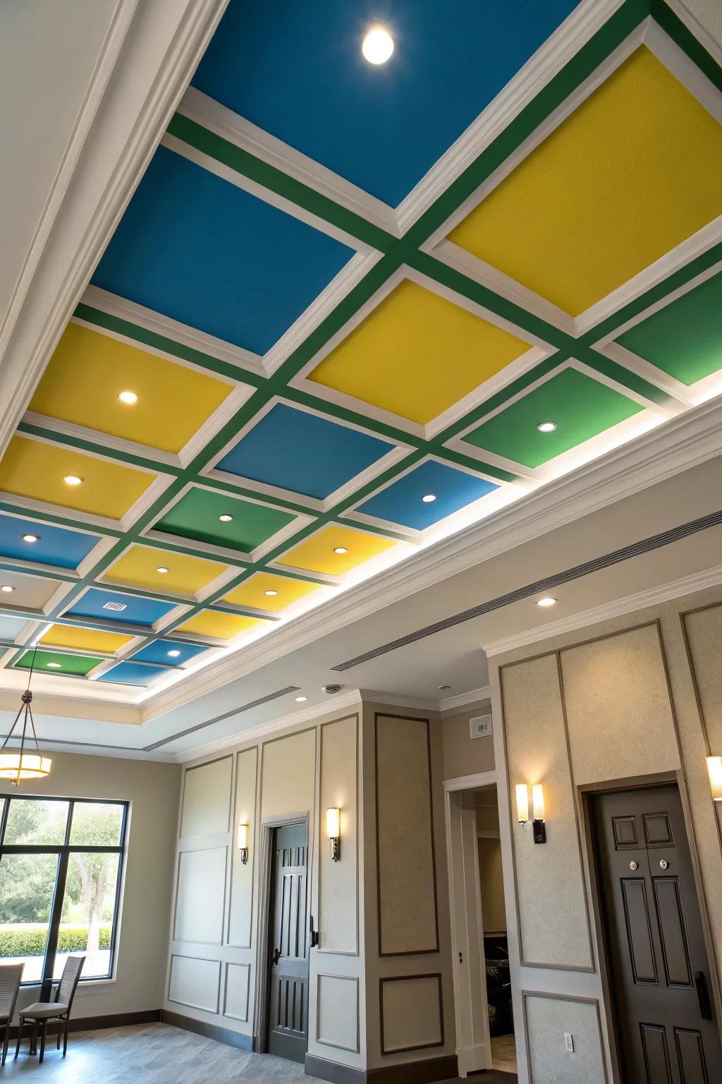 A locale exhibiting hue segments upon the ceiling that inject a whimsical component.