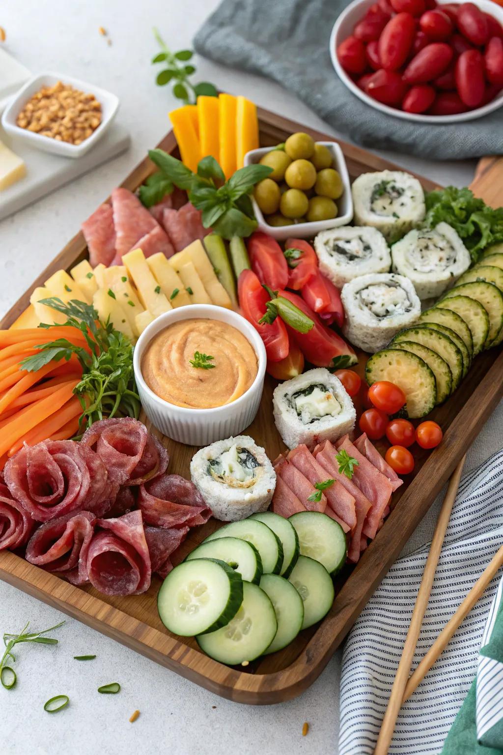 Global fusion featuring rolled sushi and Italian meats.