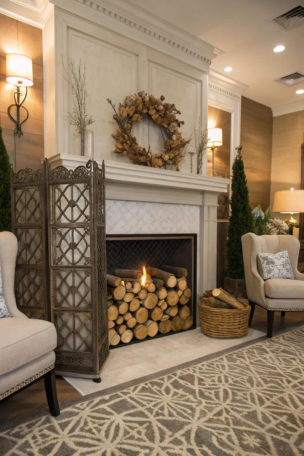 Functional décor enveloping the hearth augments usability and stylistic distinction.