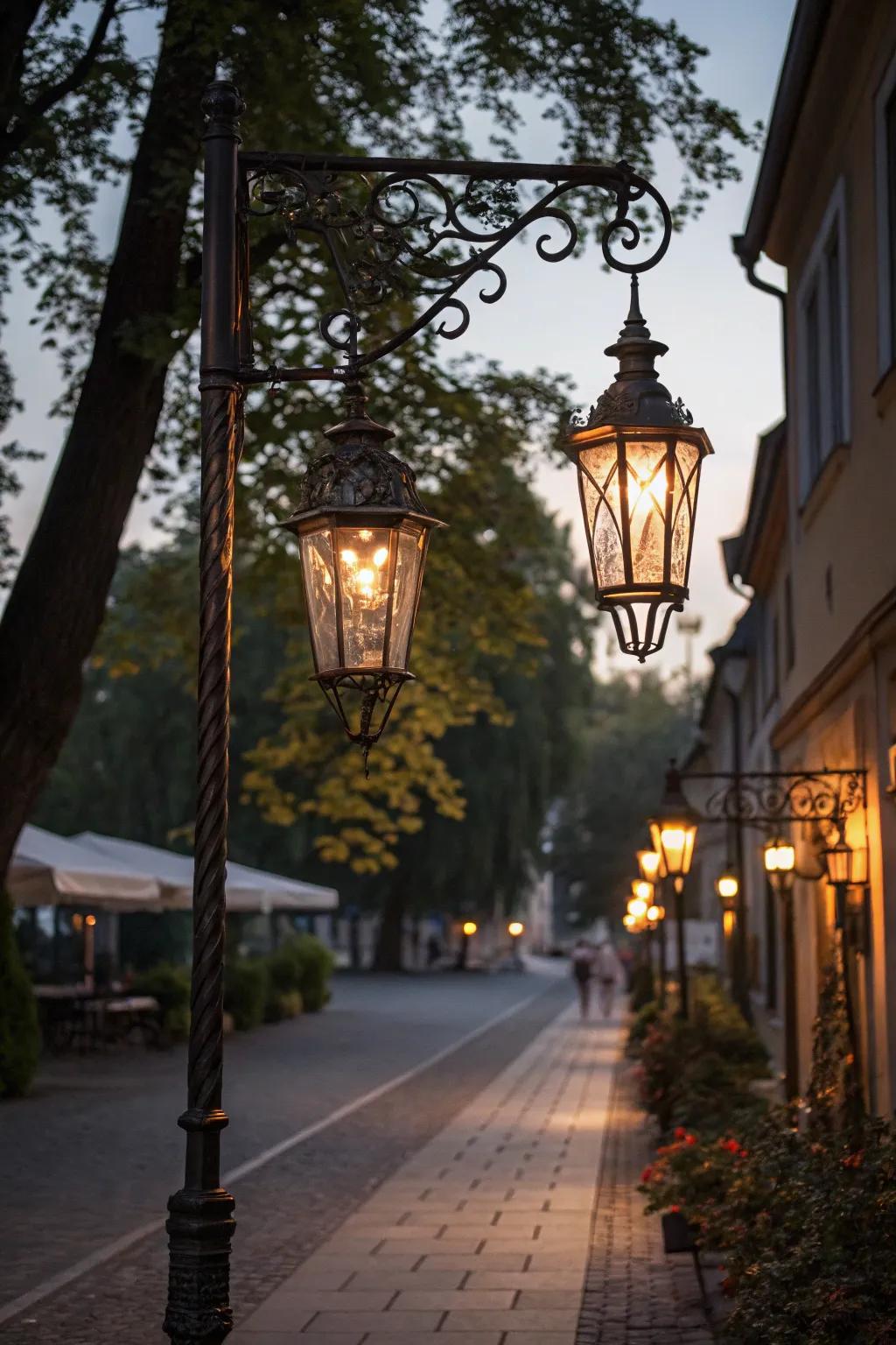 Retro-inspired lights add timeless beauty to a festive lamp post.