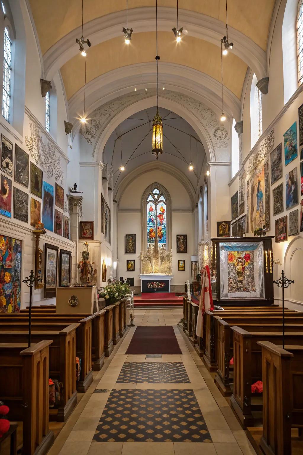 Church interior featuring eclectic art installations.