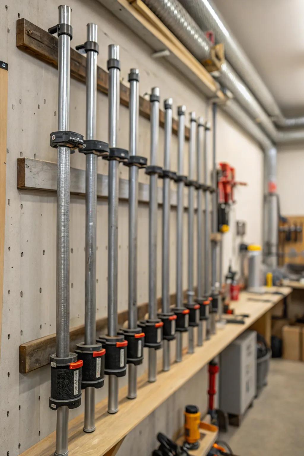 Upright pipes offer a sturdy and space-saving clamp storage solution.