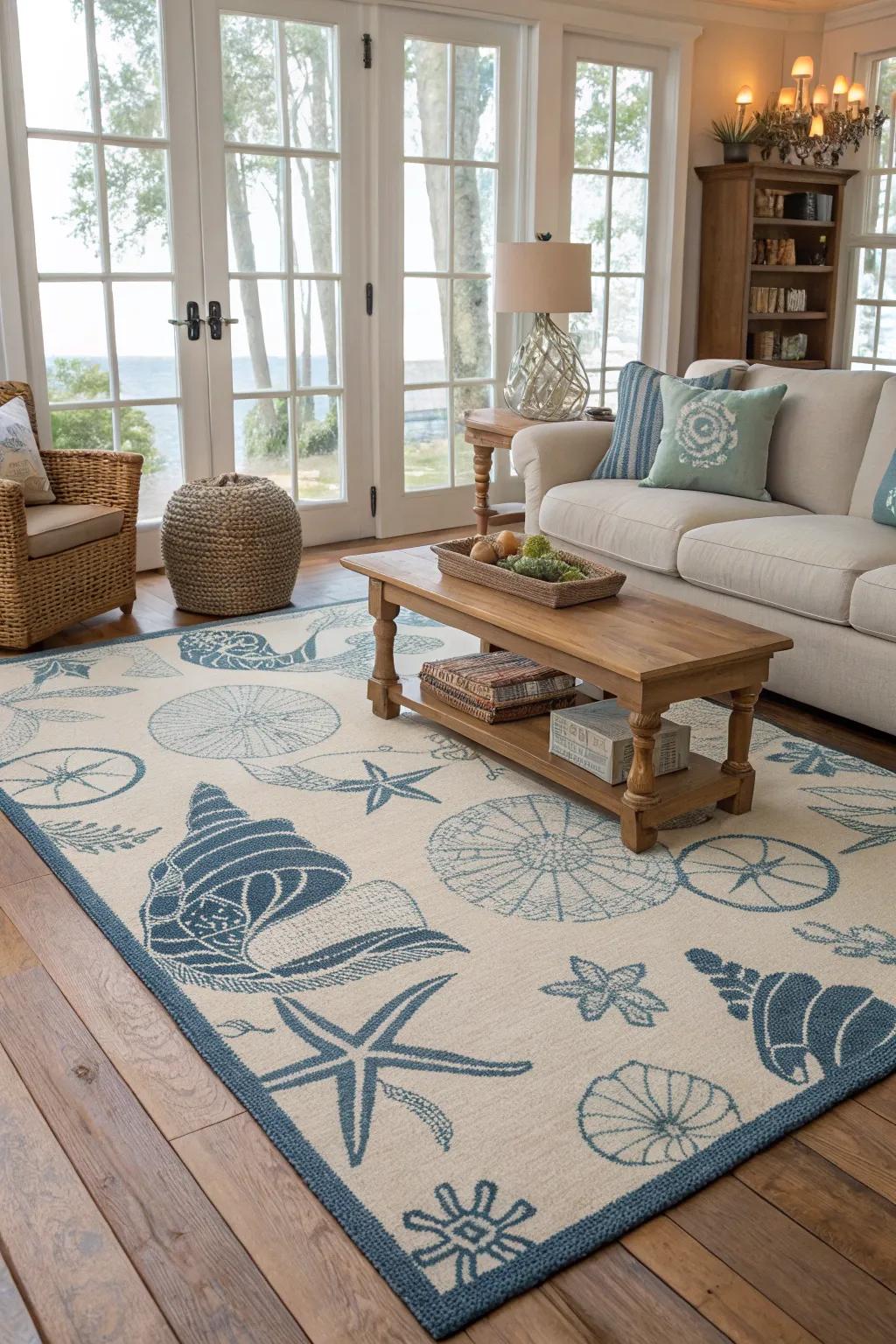 A coastal-inspired rug ties the space together.