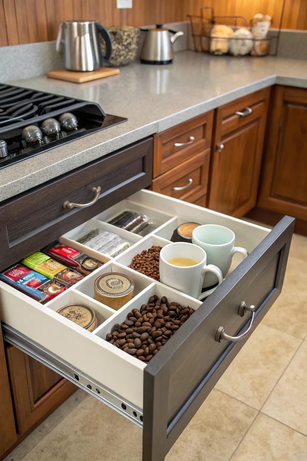 A concealed compartment imparts a delightful surprise upon your coffee drawer.