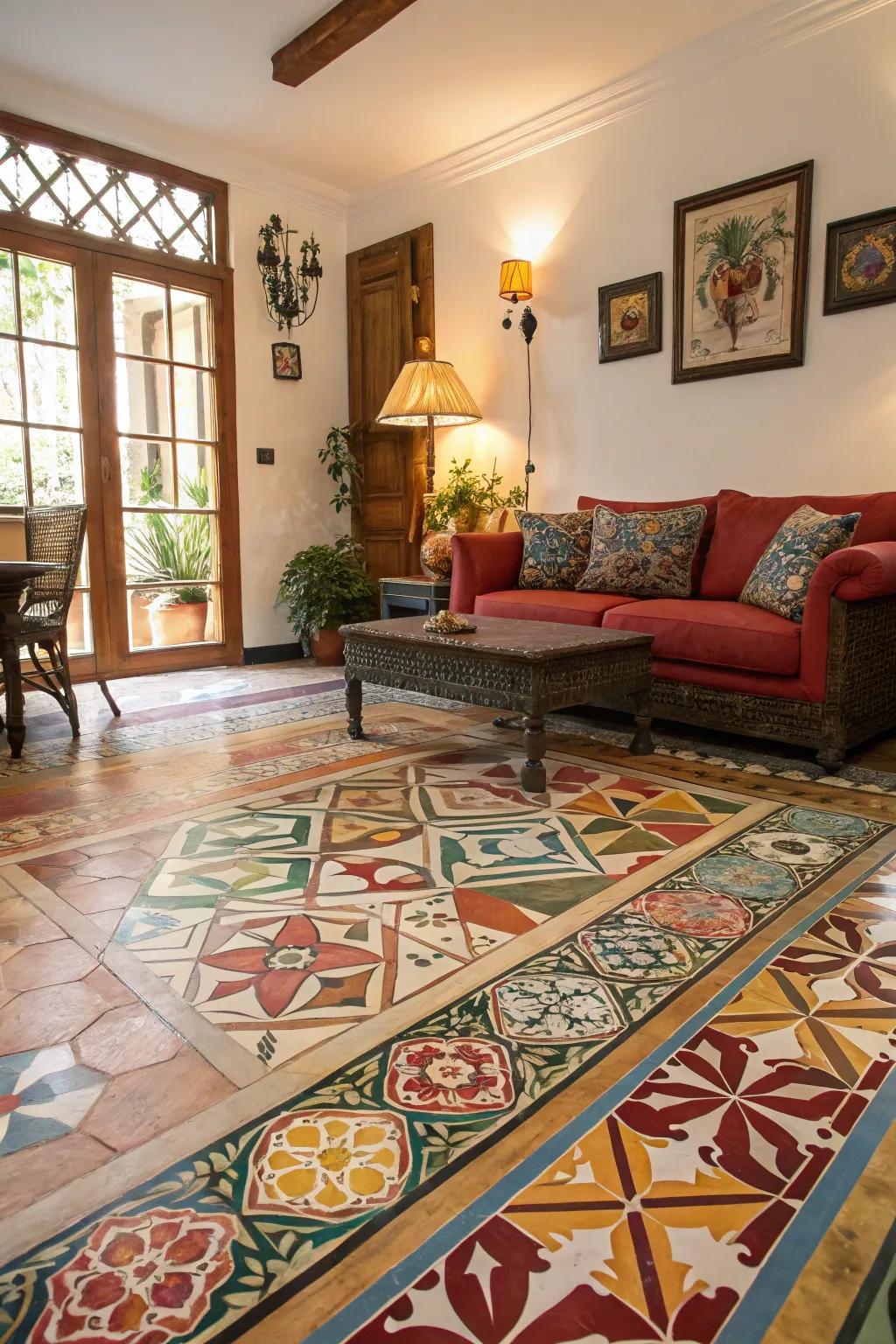 Dynamic floor designs add an unexpected deviation to this bold living room.