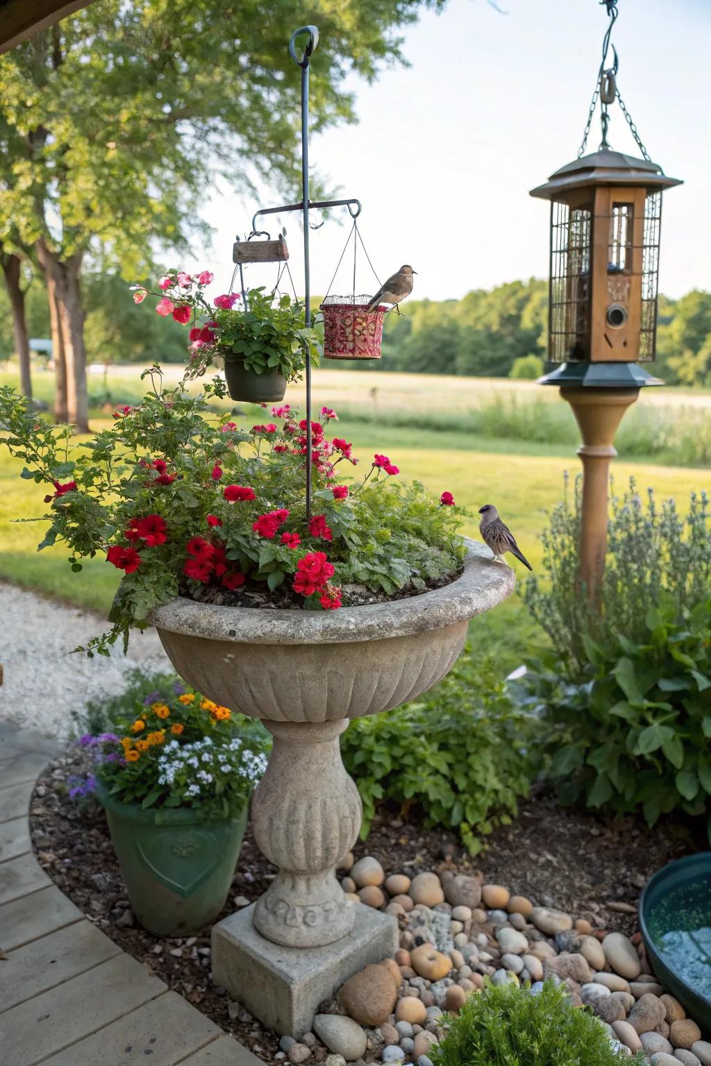 Bird-friendly items in a container garden.