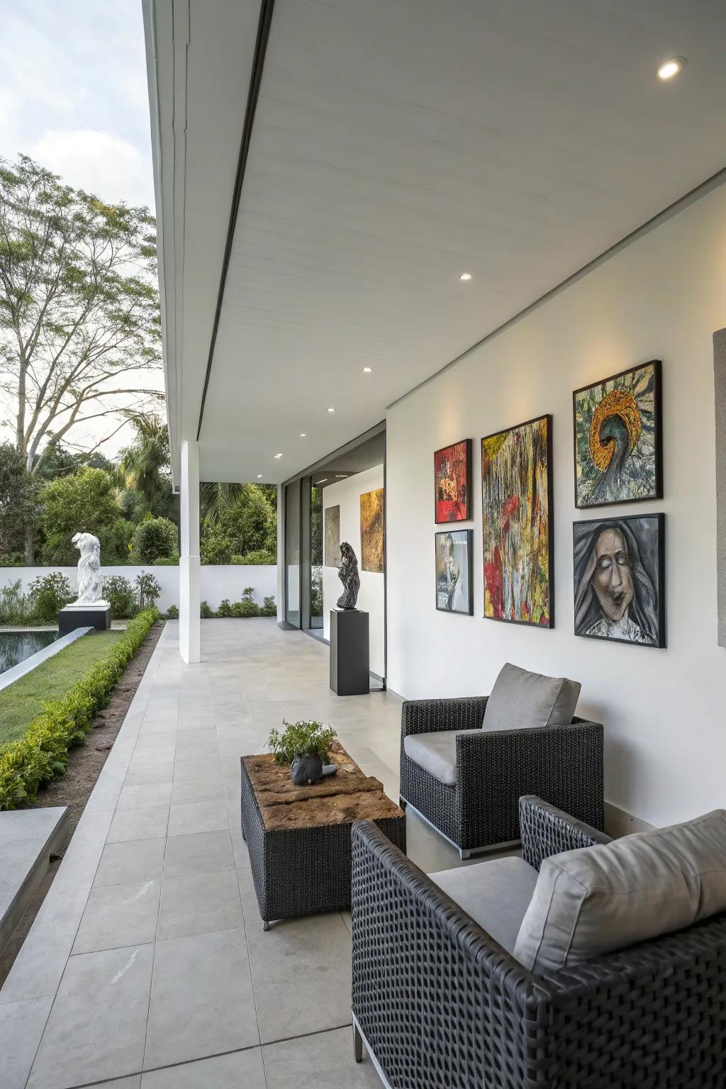Contemporary art creations adding a cultural element to a patio.