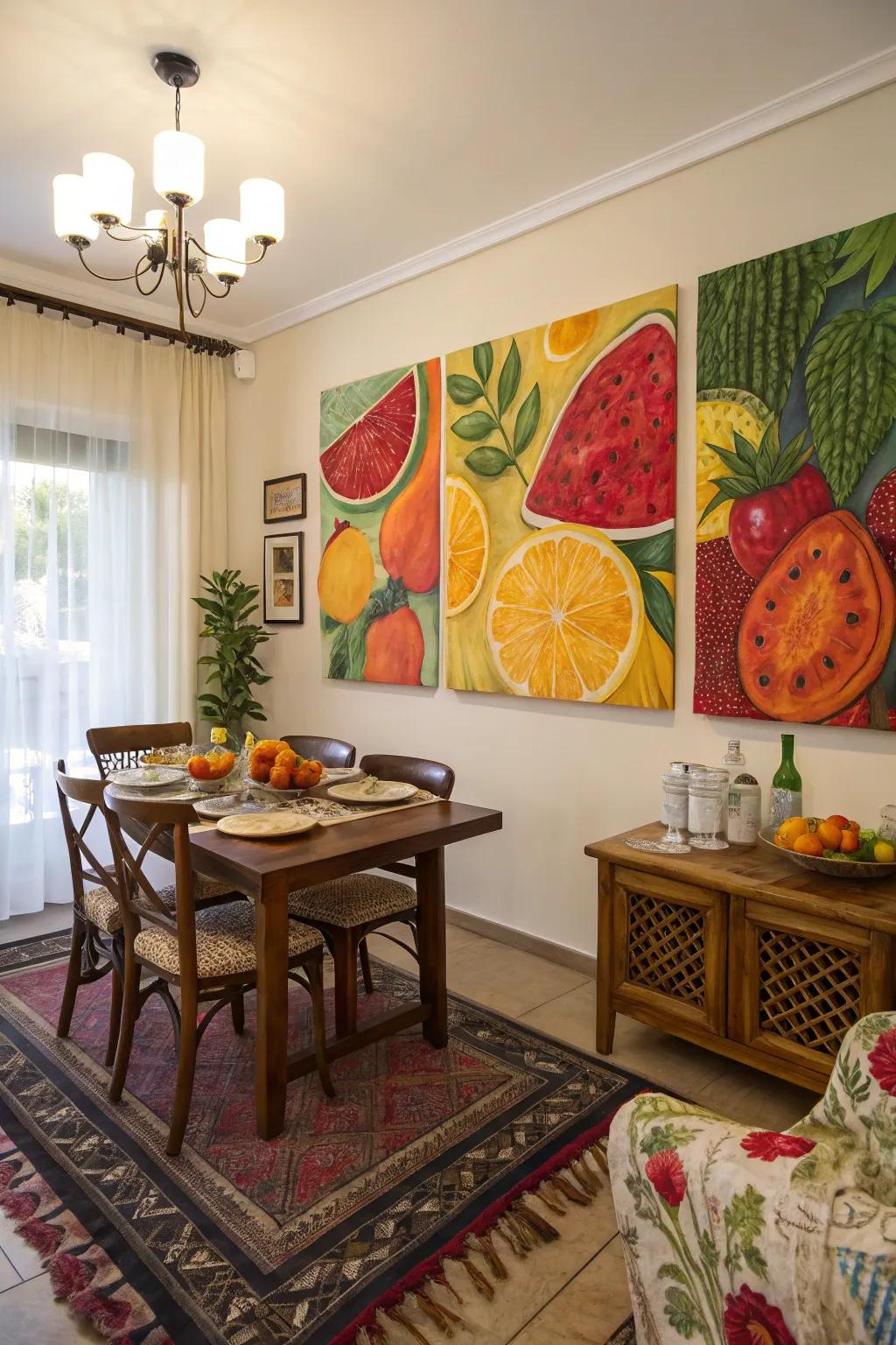 Fruits and vegetable paintings convey freshness and vibrancy to your residence.