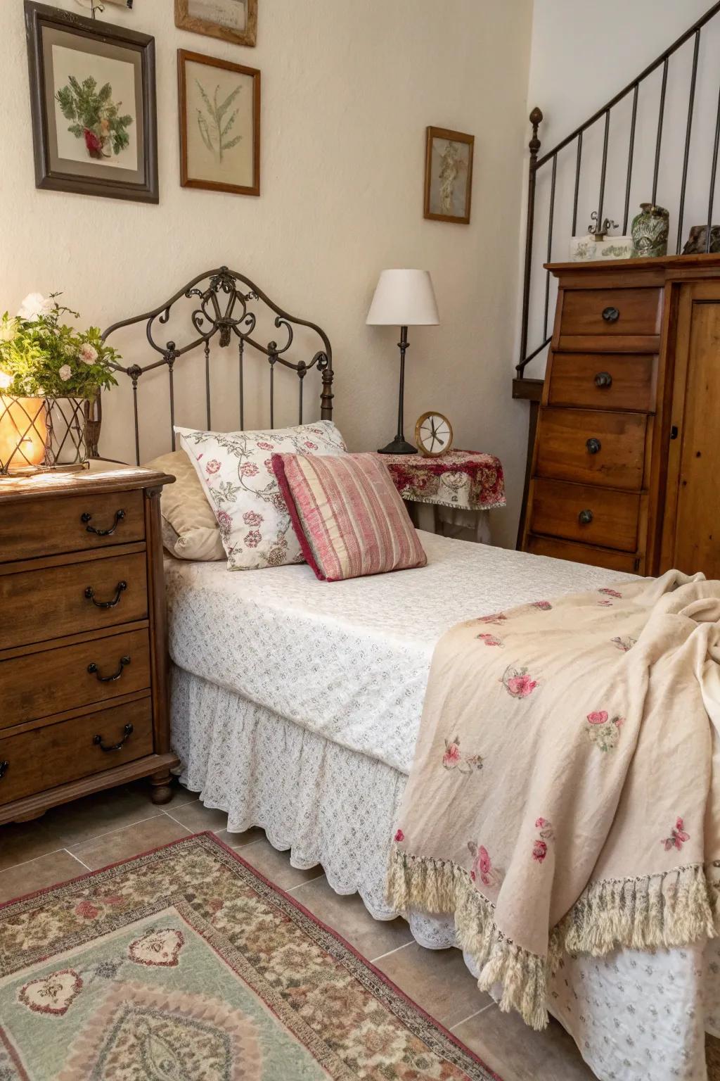 Vintage furniture adds personality and charm to a corner bed.