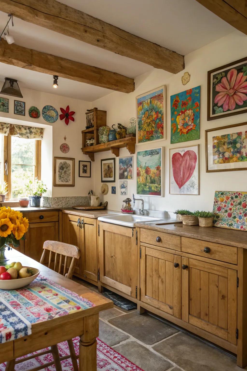 Art imparts a personal touch to this colorful cottage kitchen.
