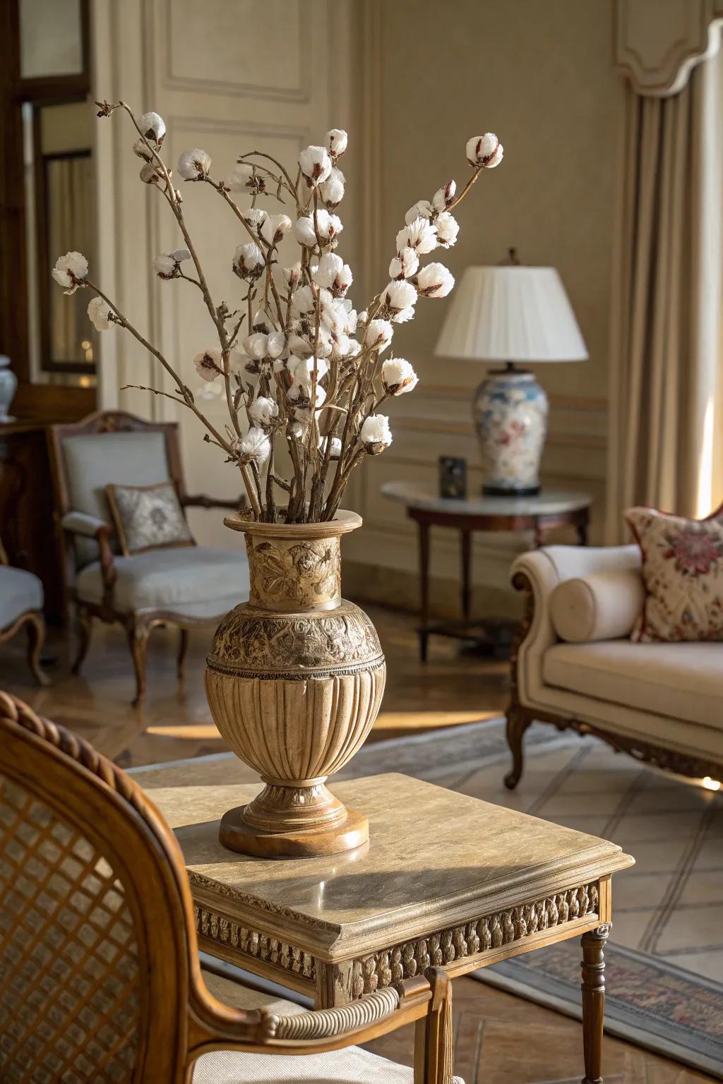 Timeless beauty enhanced by antiques and cotton stems.