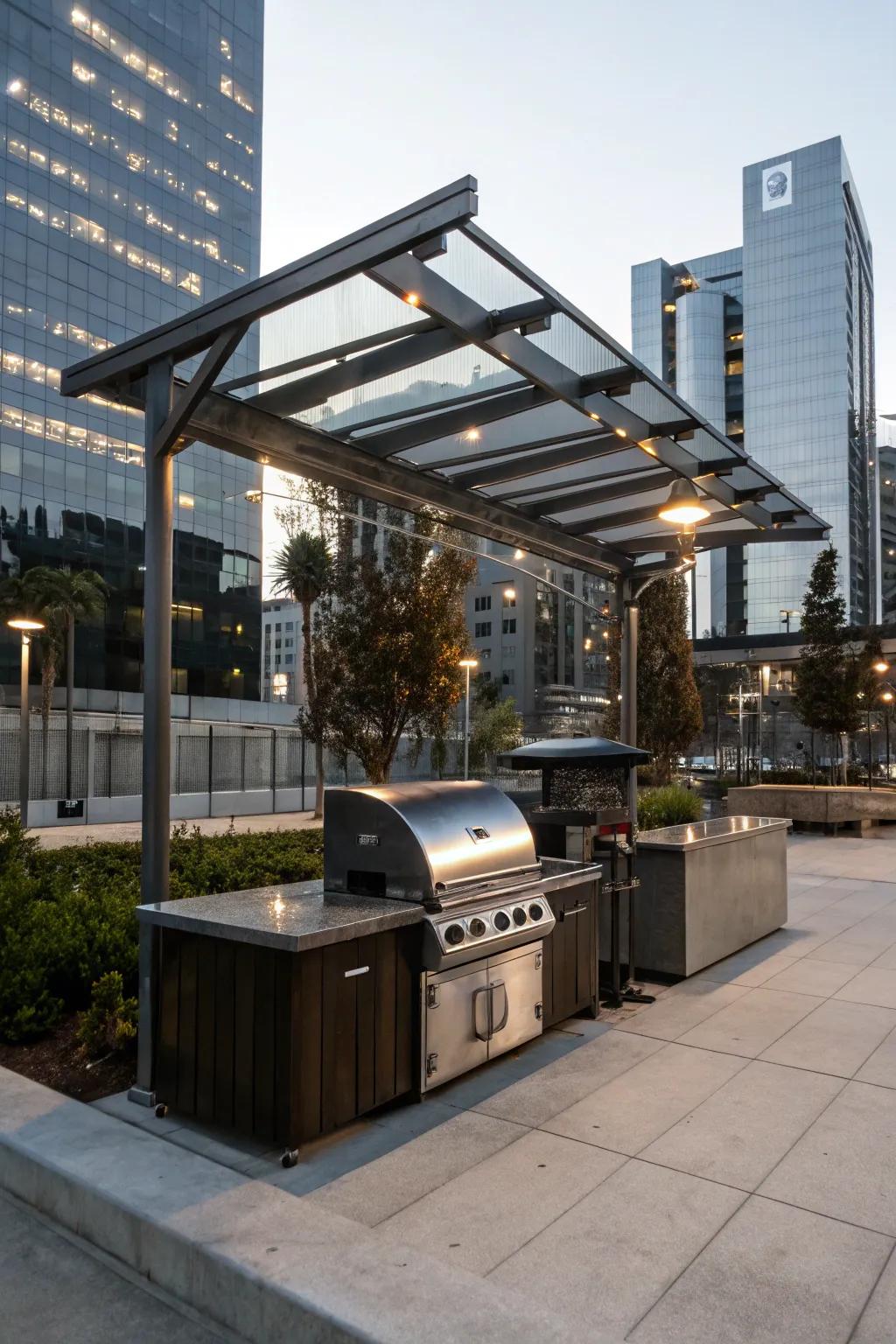 An industrial iron shelter providing a striking, urban look for grilling.