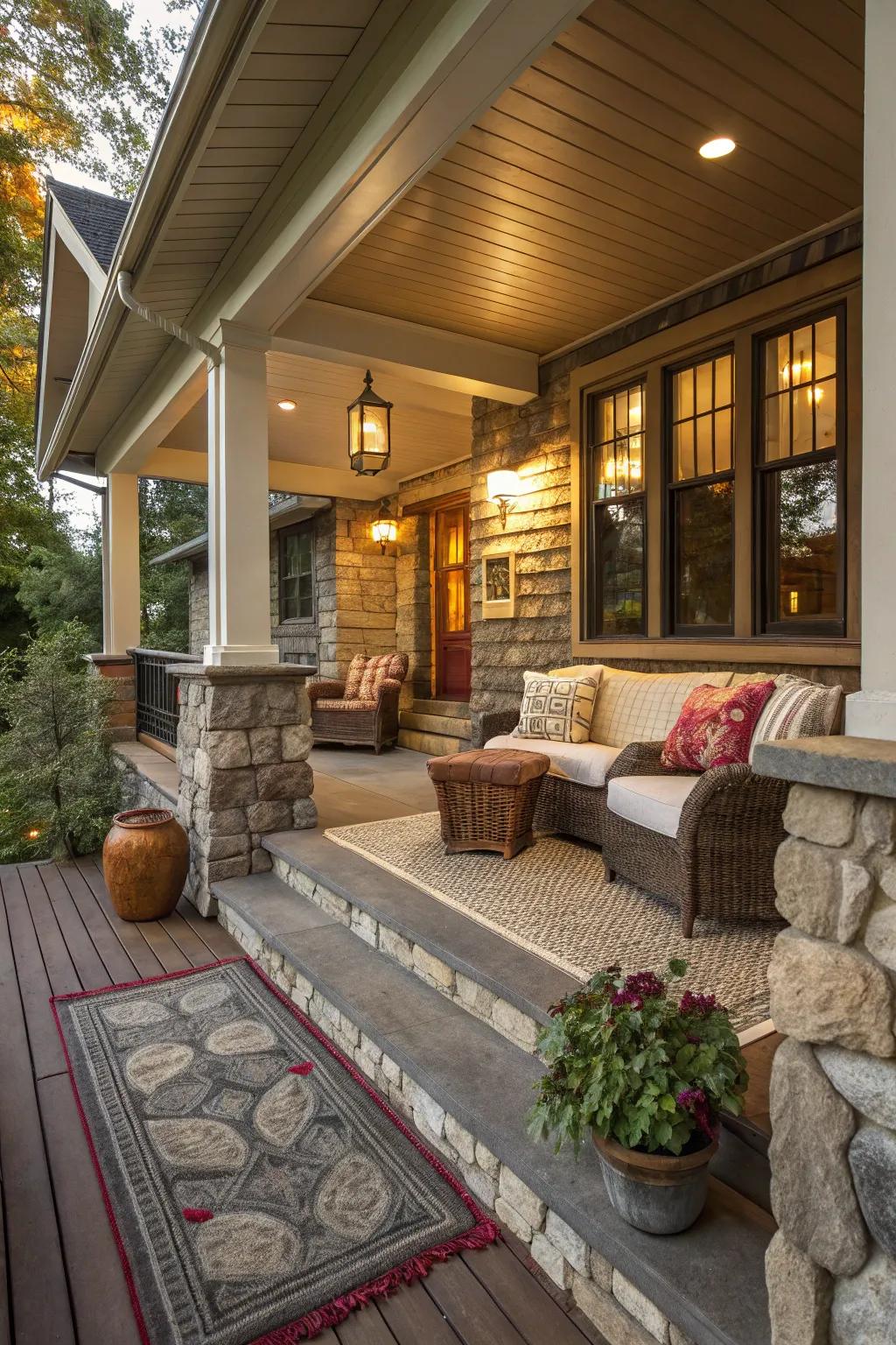 A mix of textures crafts a cozy and inviting porch.