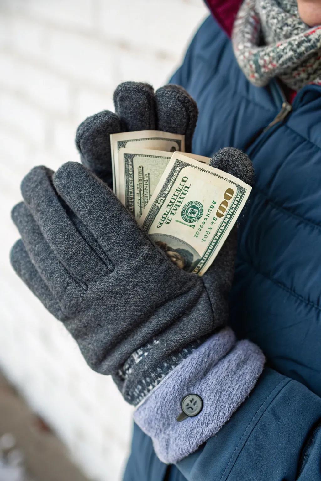 Wintry handwear with a concealed currency surprise.