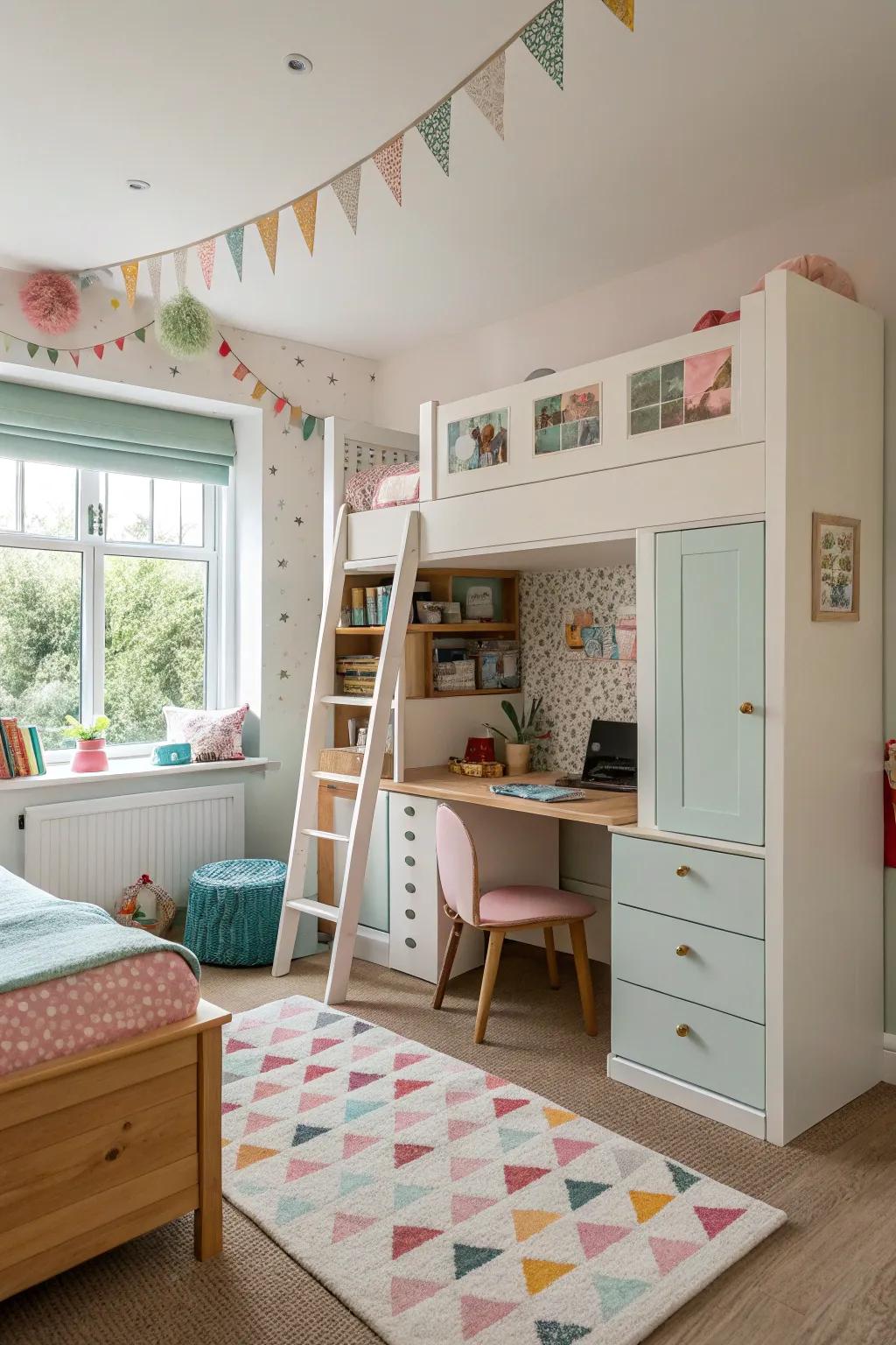 Adaptable furnishings evolve with the sisters and maintain the room's versatility.