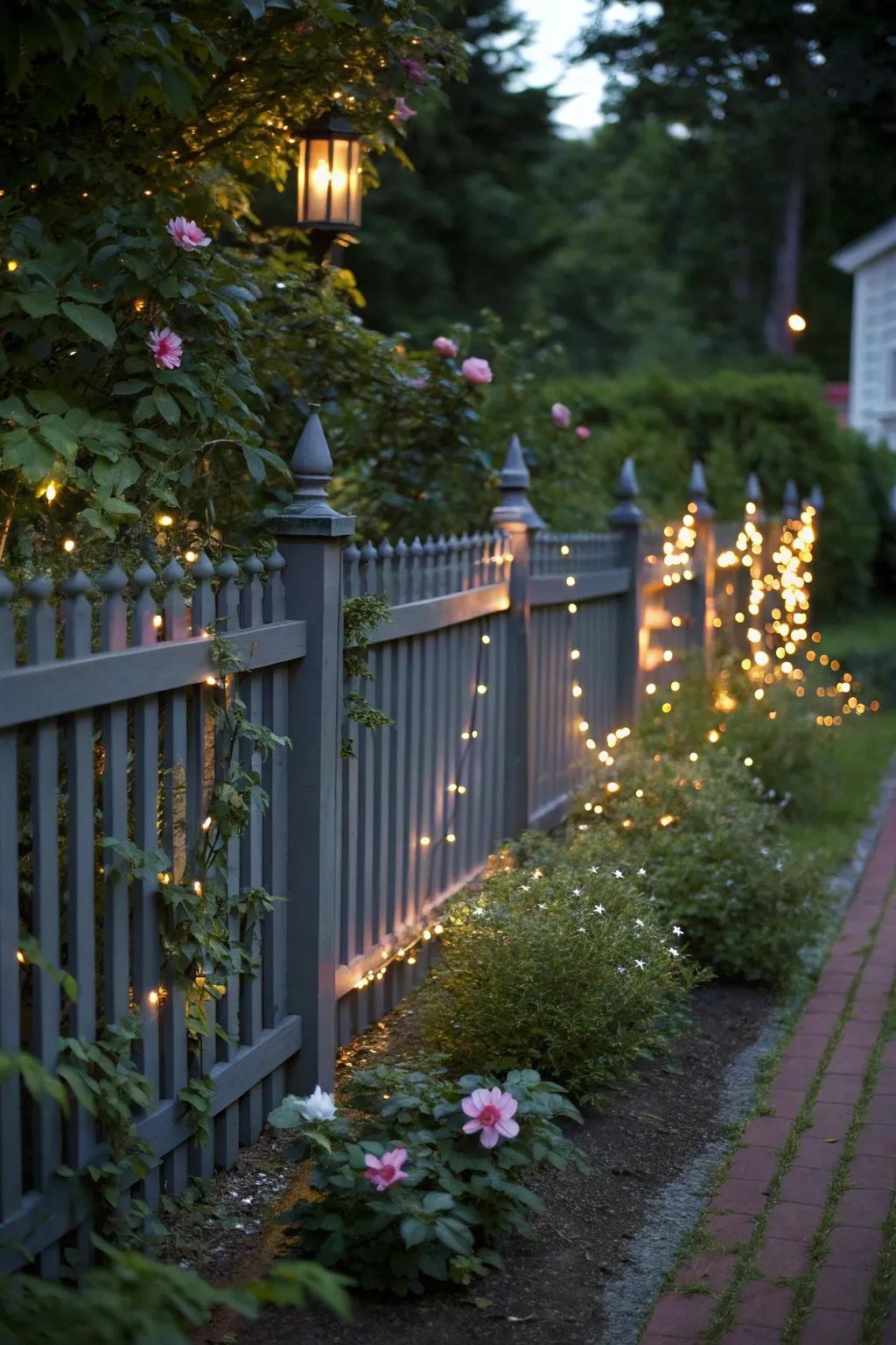 Fairy lights add a magical touch to a charcoal-toned fence, creating a whimsical garden atmosphere.