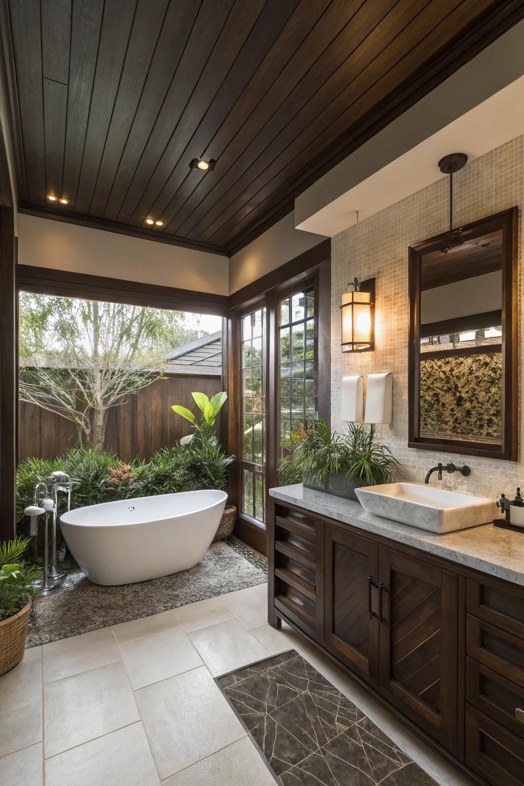 A spa-inspired ambiance enhanced through the warm shades of deep wood.