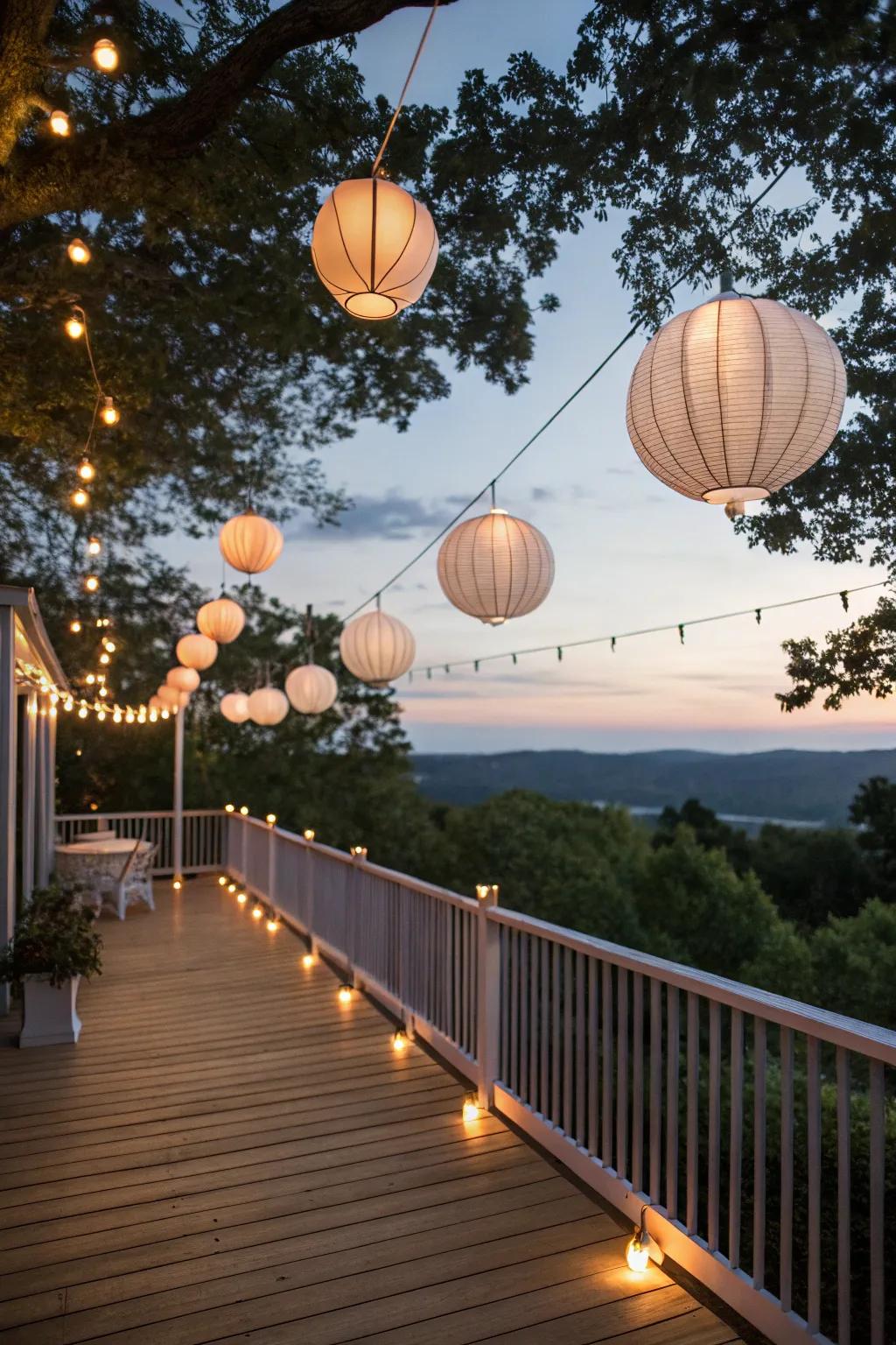 Suspended lanterns append a whimsical touch to this enchanting deck.