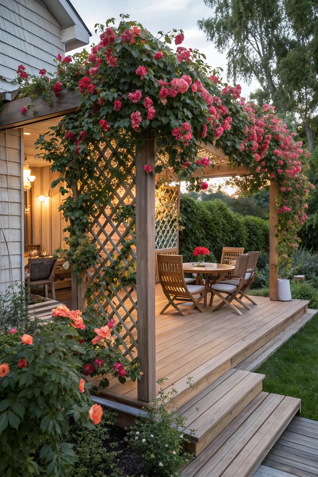 An espalier with climbing vines delivers natural beauty and seclusion.