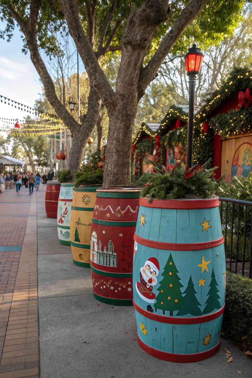 Festively adorned painted barrels