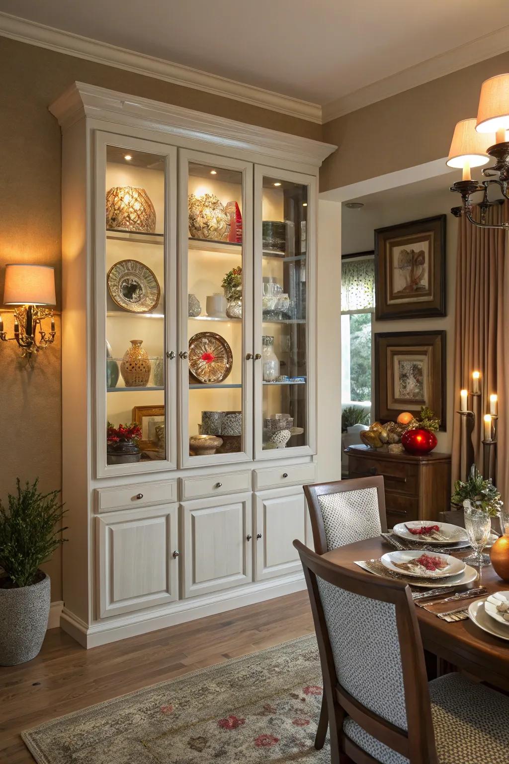 A display cabinet serves as both storage and stylish aesthetic enhancement within the dining room.