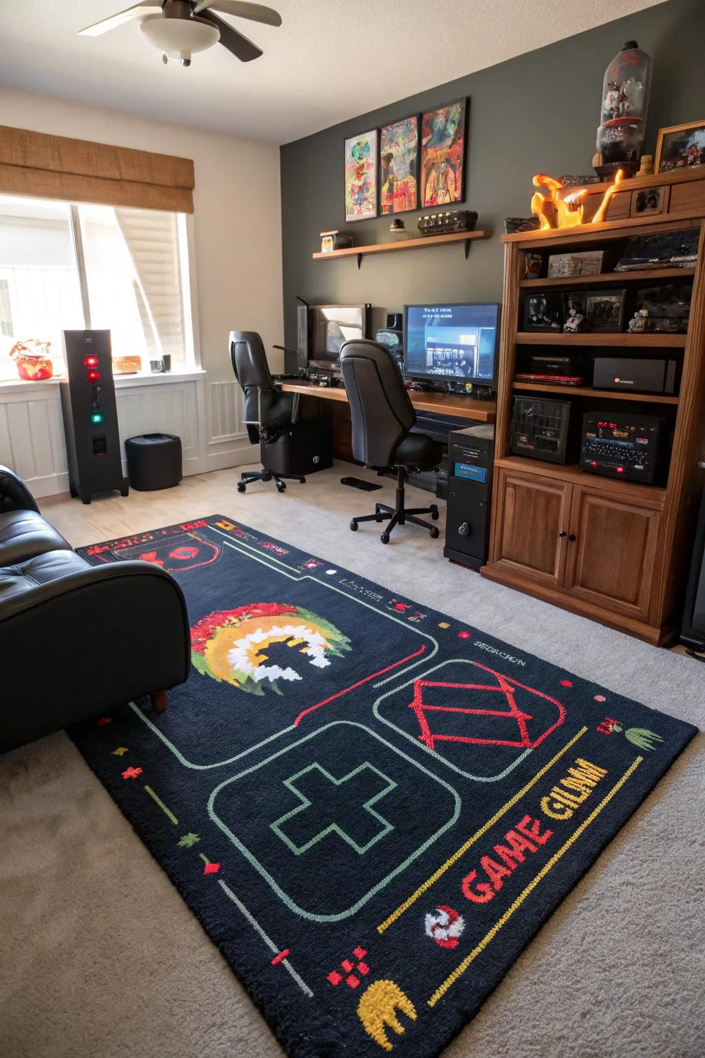 A tailored rug anchors and compliments the gaming space.