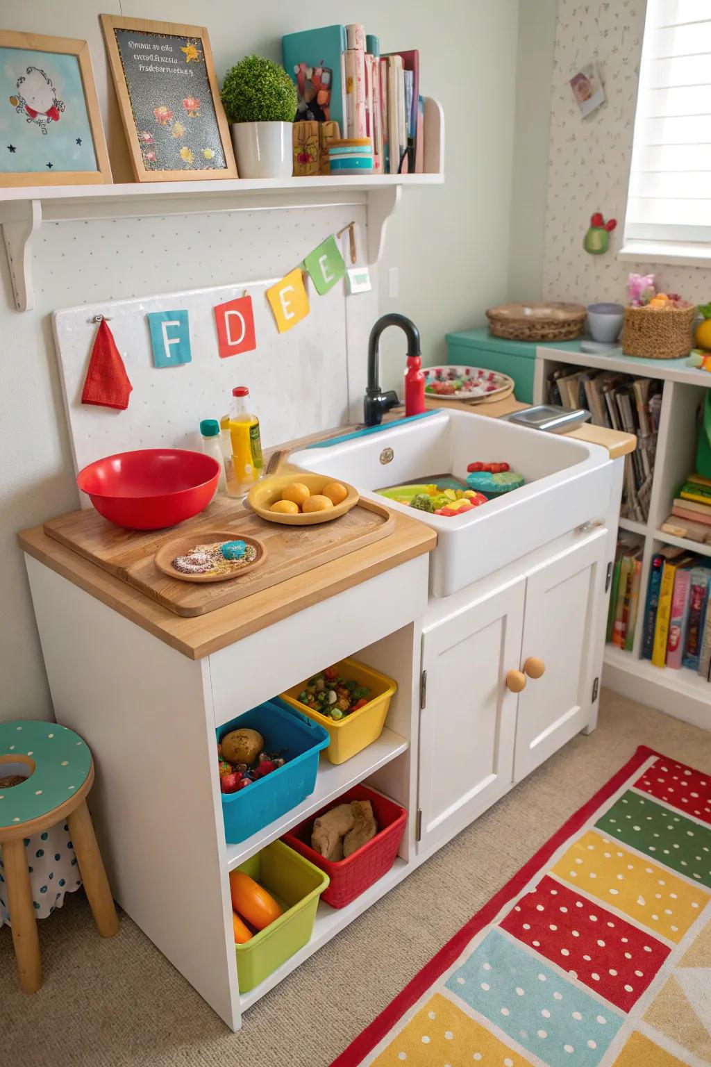 A children's cooking area created from a repurposed dry sink.