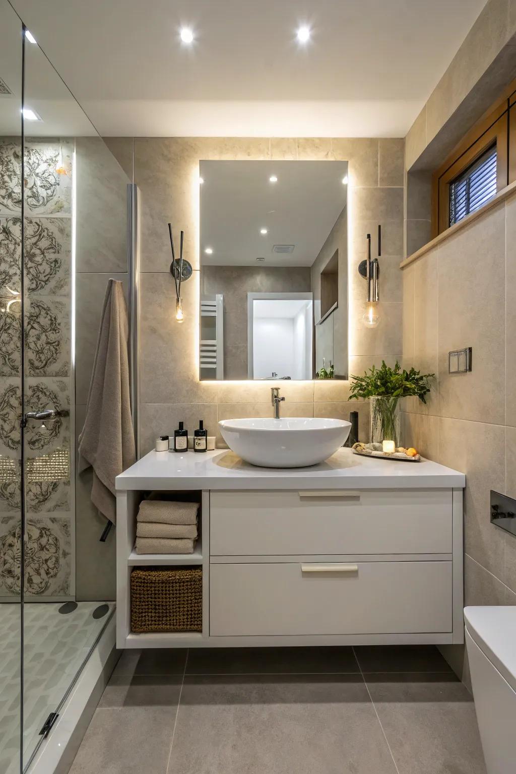 A unique dressing surface evolves into a central design aspect within this exquisitely designed bathing area.
