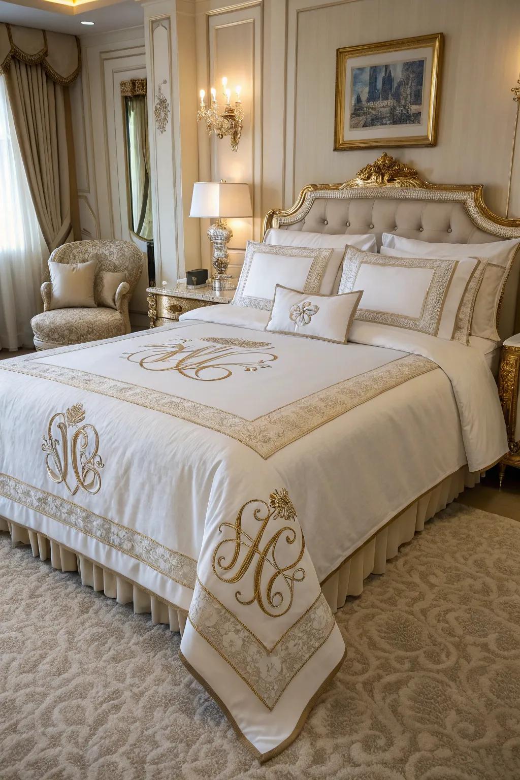 A luxurious bedroom featuring personalized monogrammed linens for a unique touch.