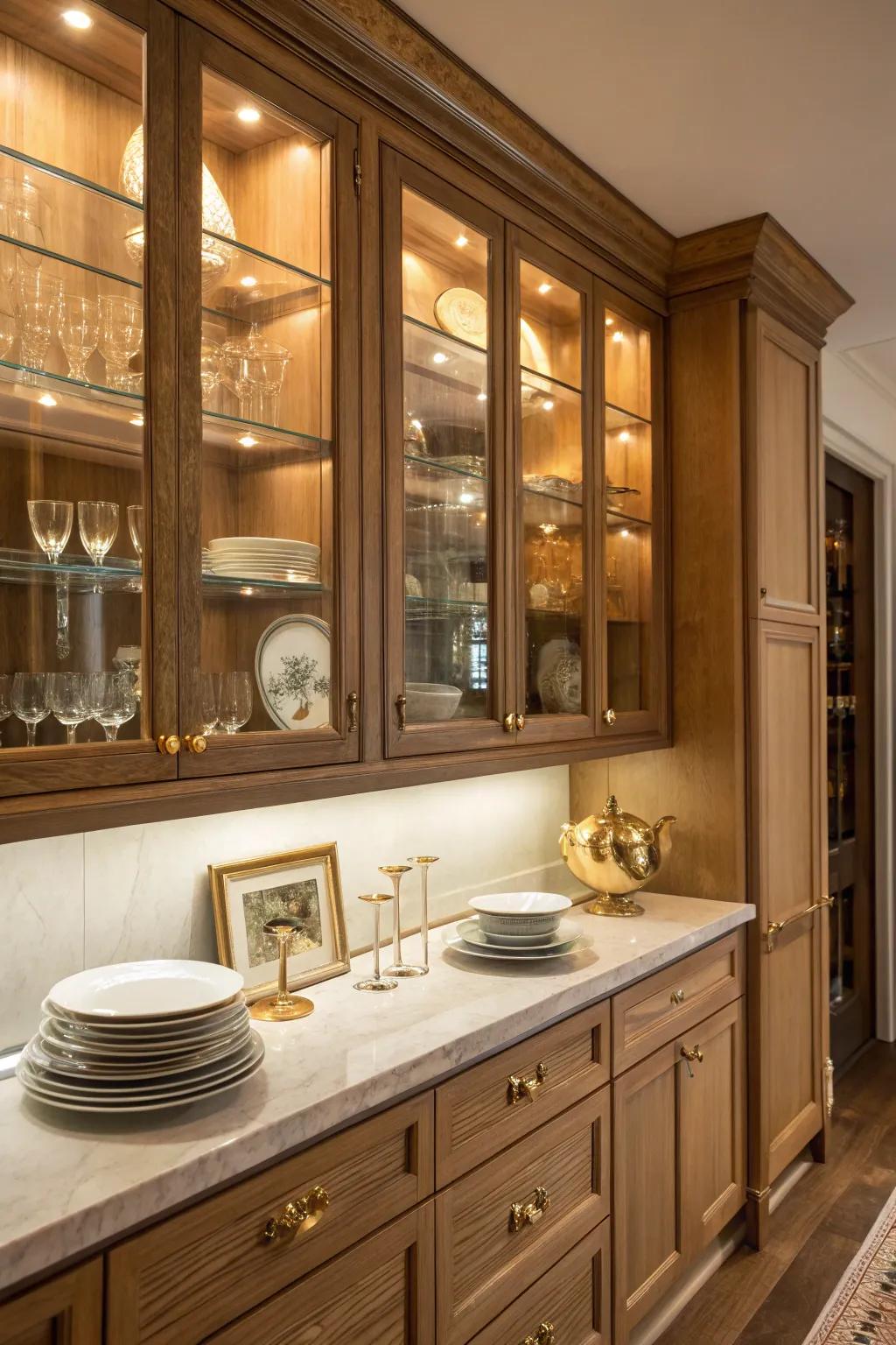 Incorporate elegance alongside ambient dilation through captivating glazed cabinets.
