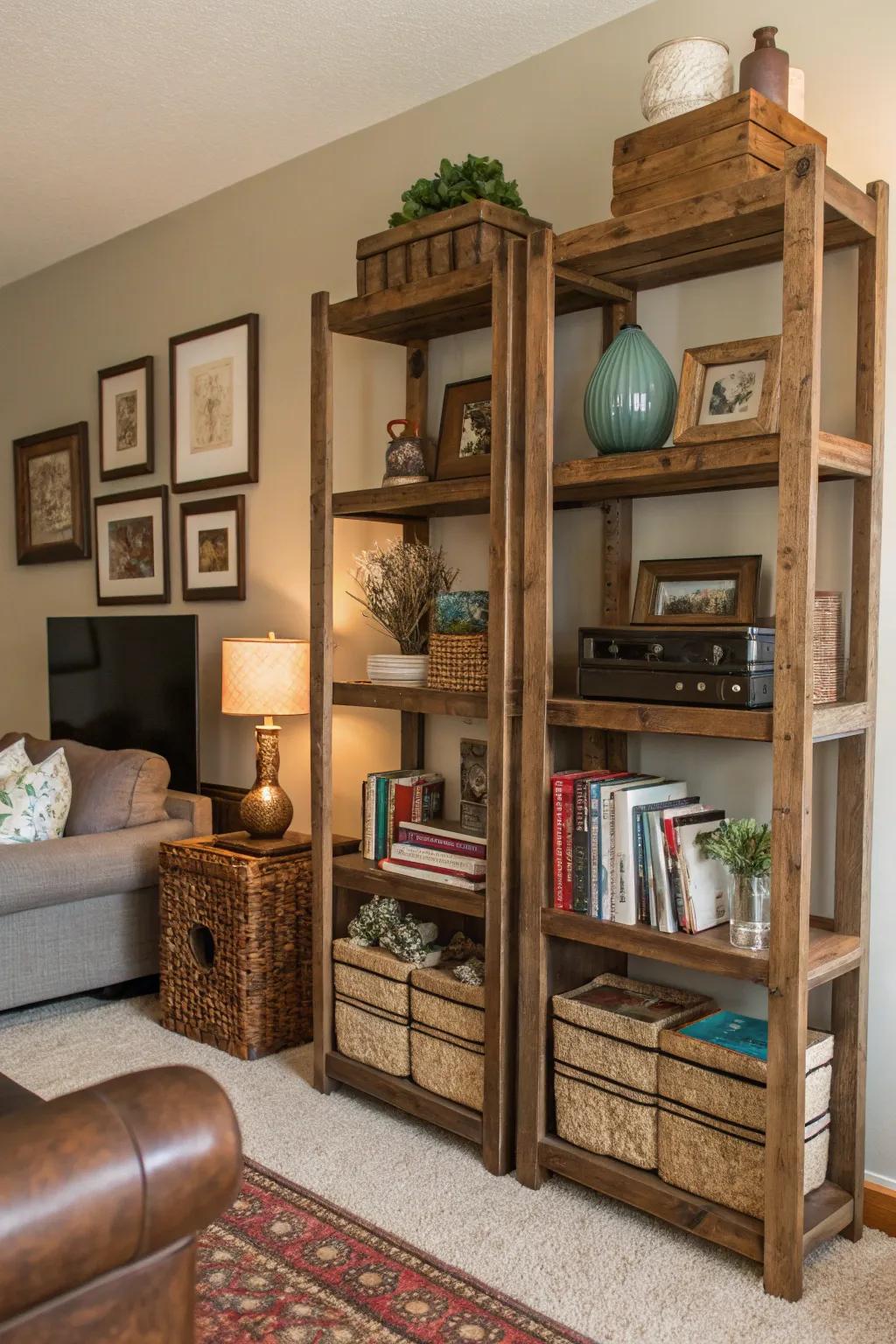Homespun shelving coalesces stowage with panache.
