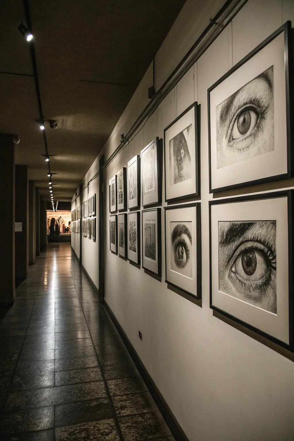 Elegant monochrome eye photography contributing classic sophistication to the corridor.