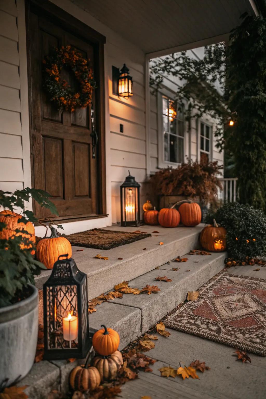 Atmospheric illumination imparts a cozy and inviting ambiance to the fall porch.