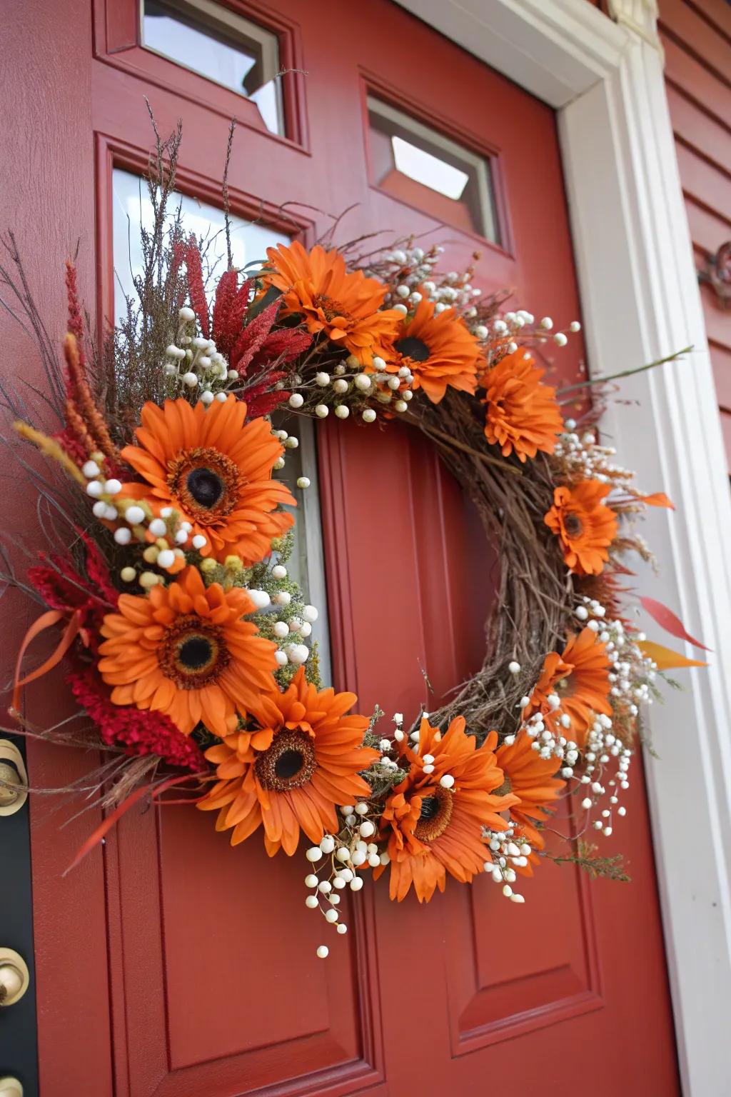 Aurantiacus Helianthus make a bold and inviting fall wreath.