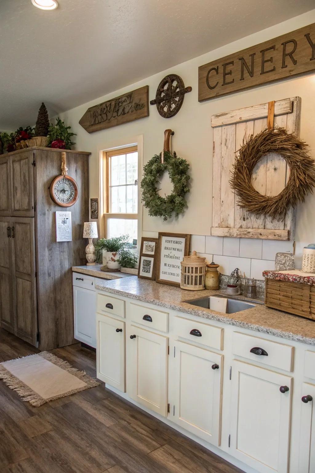 Farmhouse décor enhances the country charm of chalk-painted cabinets.
