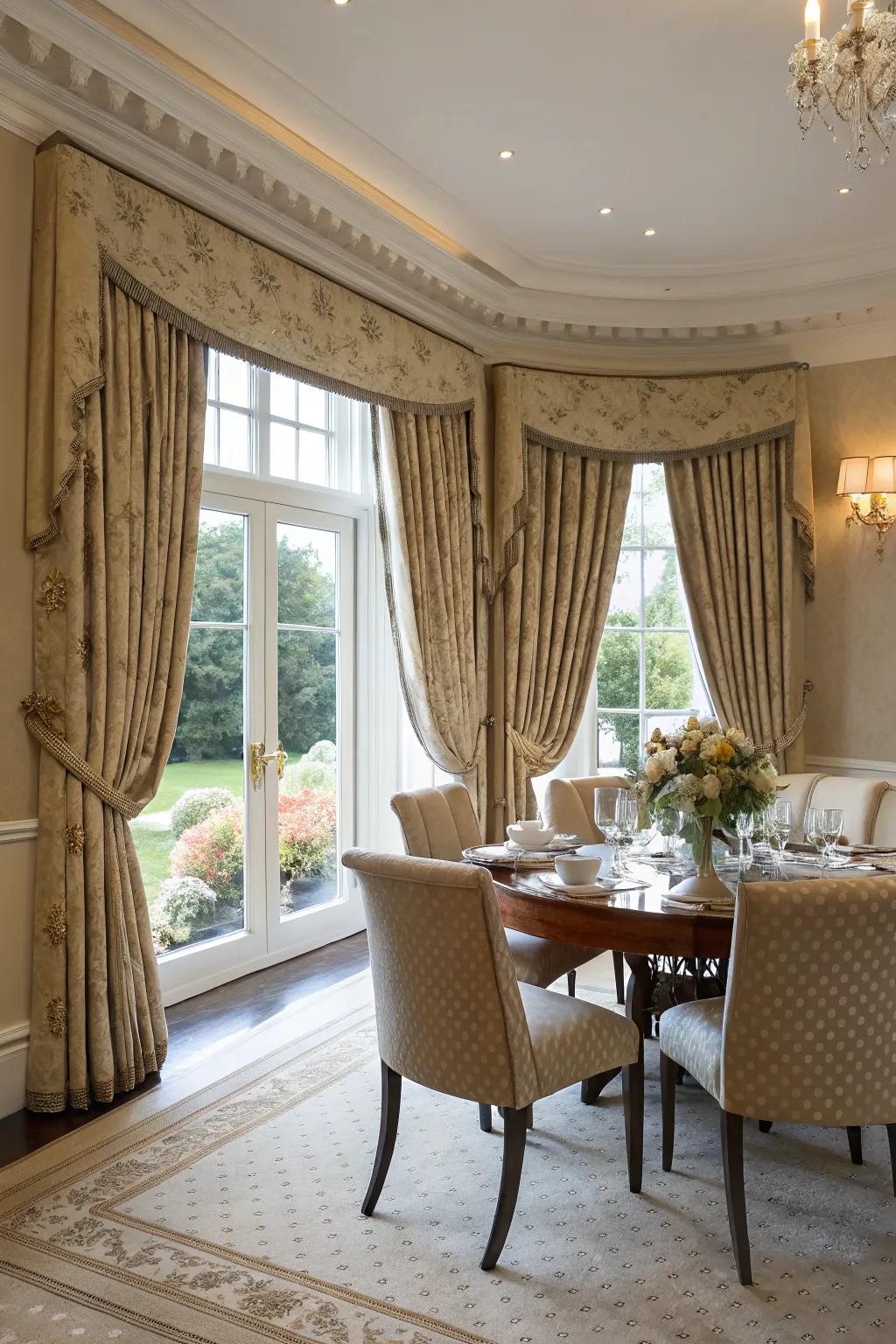 Custom-fitted window coverings offer a polished and elegant look in this dining room.