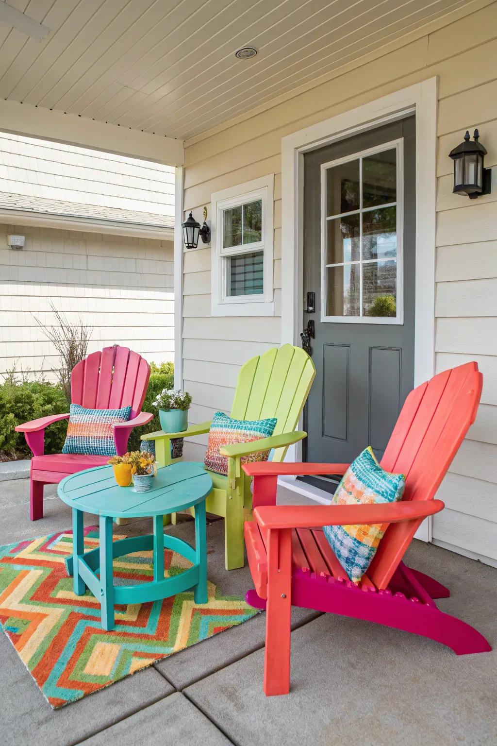 Brightly colored furniture enlivens and energizes porch settings.