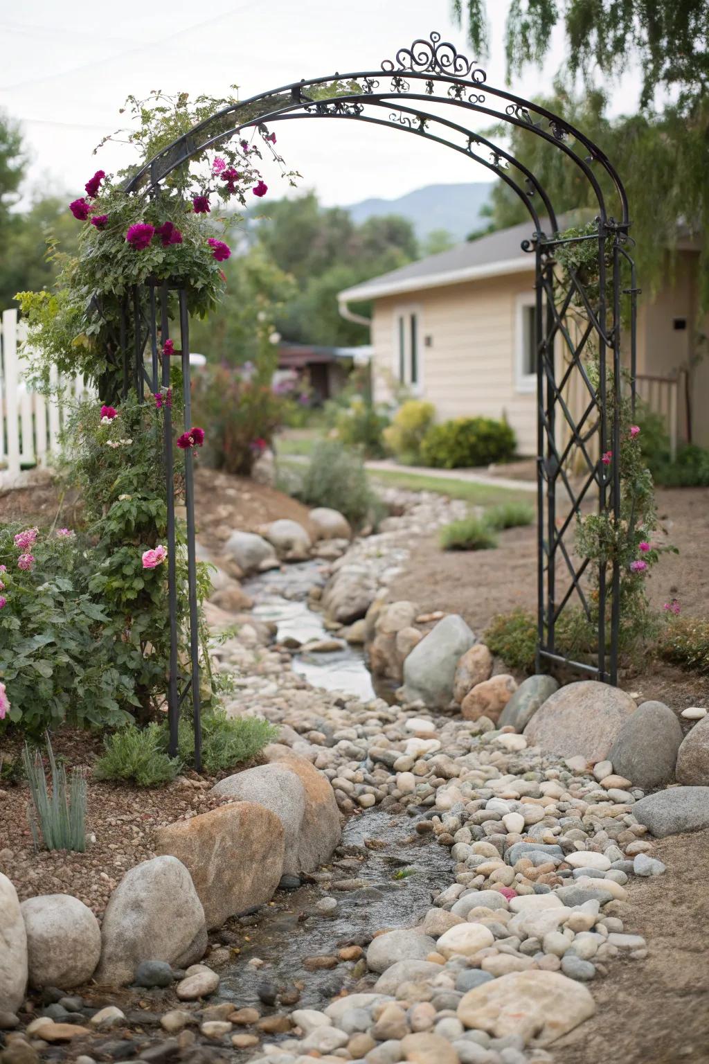 A decorative entrance arch frames your dry creek bed, crafting a welcoming declaration.