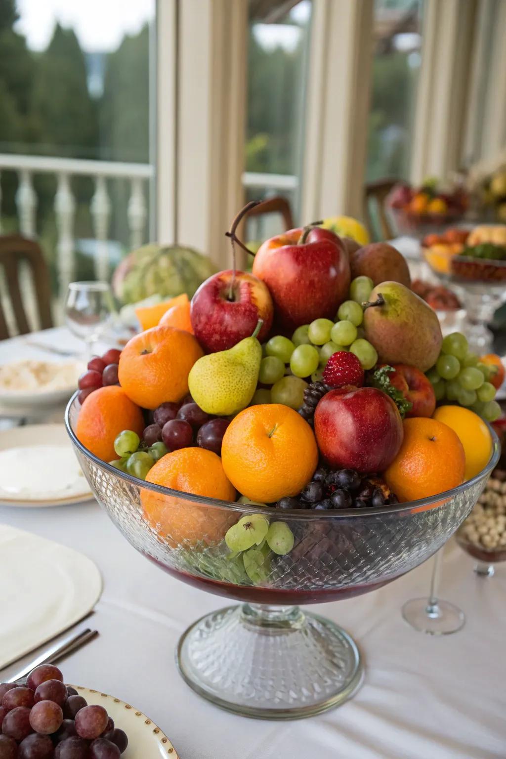 A monumental fruit basin engenders a stately and inviting centerpiece.
