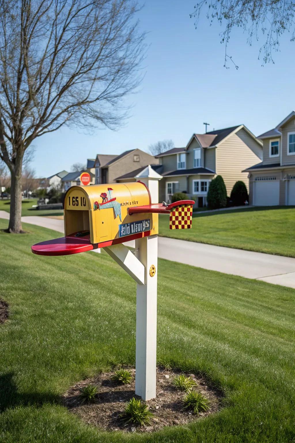 An aeroplane mailbox poised for liftoff with panache.