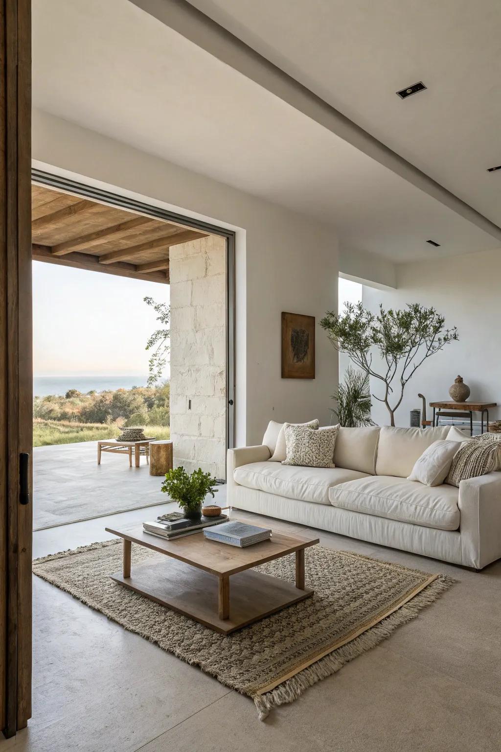 The open area behind the sofa displays the fundamentals of minimalist design.