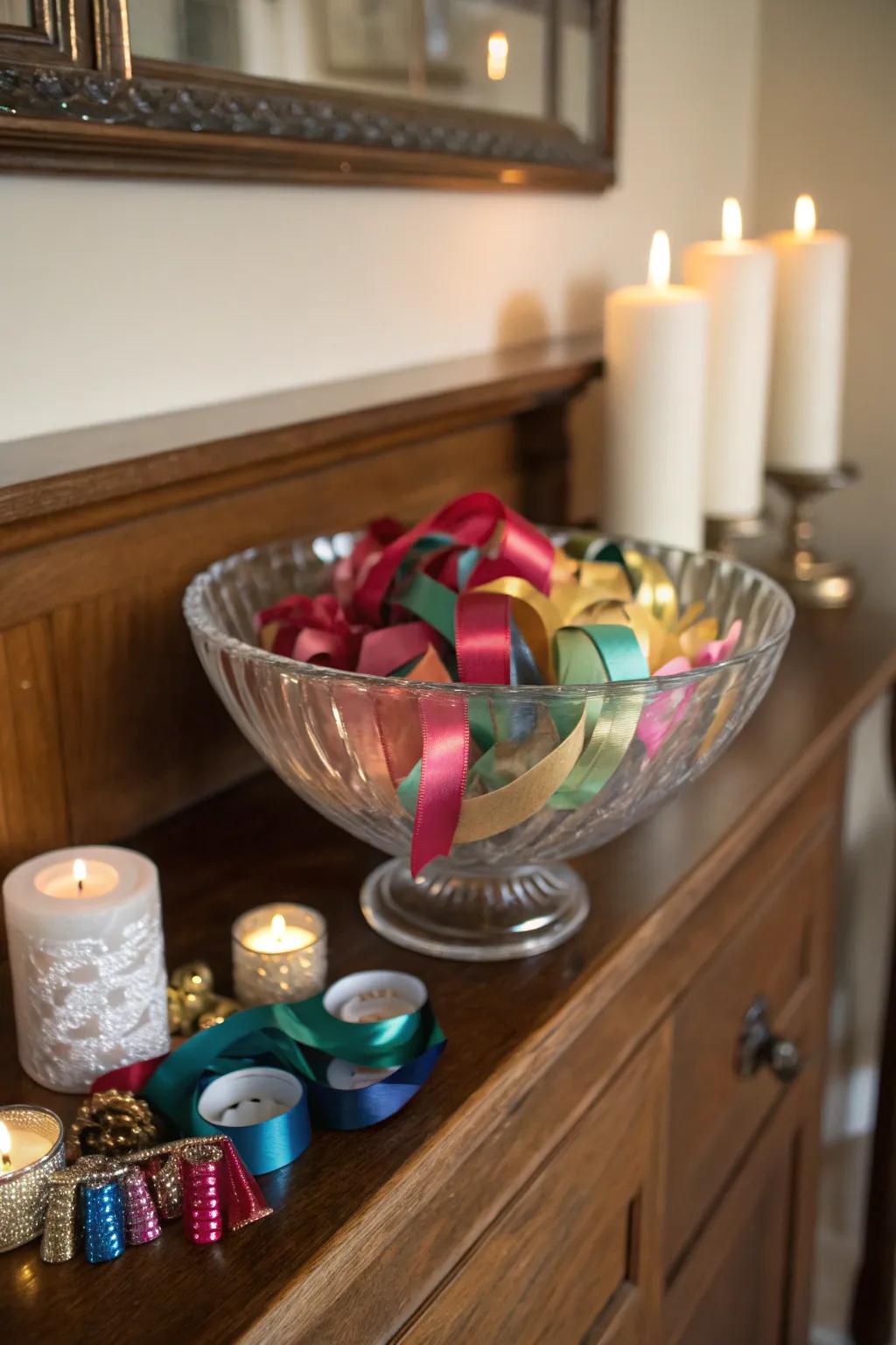 Artistic sophistication featuring ornamental ribbons within a glass bowl.