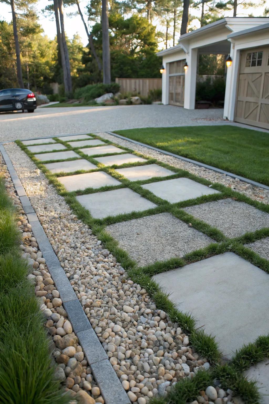 A stylish mix of turf and gravel for a low-upkeep driveway.
